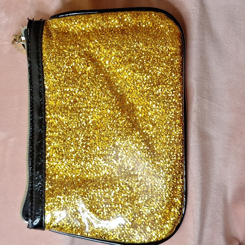 Gold Glitter Clutch Bag Y2K Glam Betsey Johnson Sparkly Zip Pouch Evening Party - Picture 4 of 10